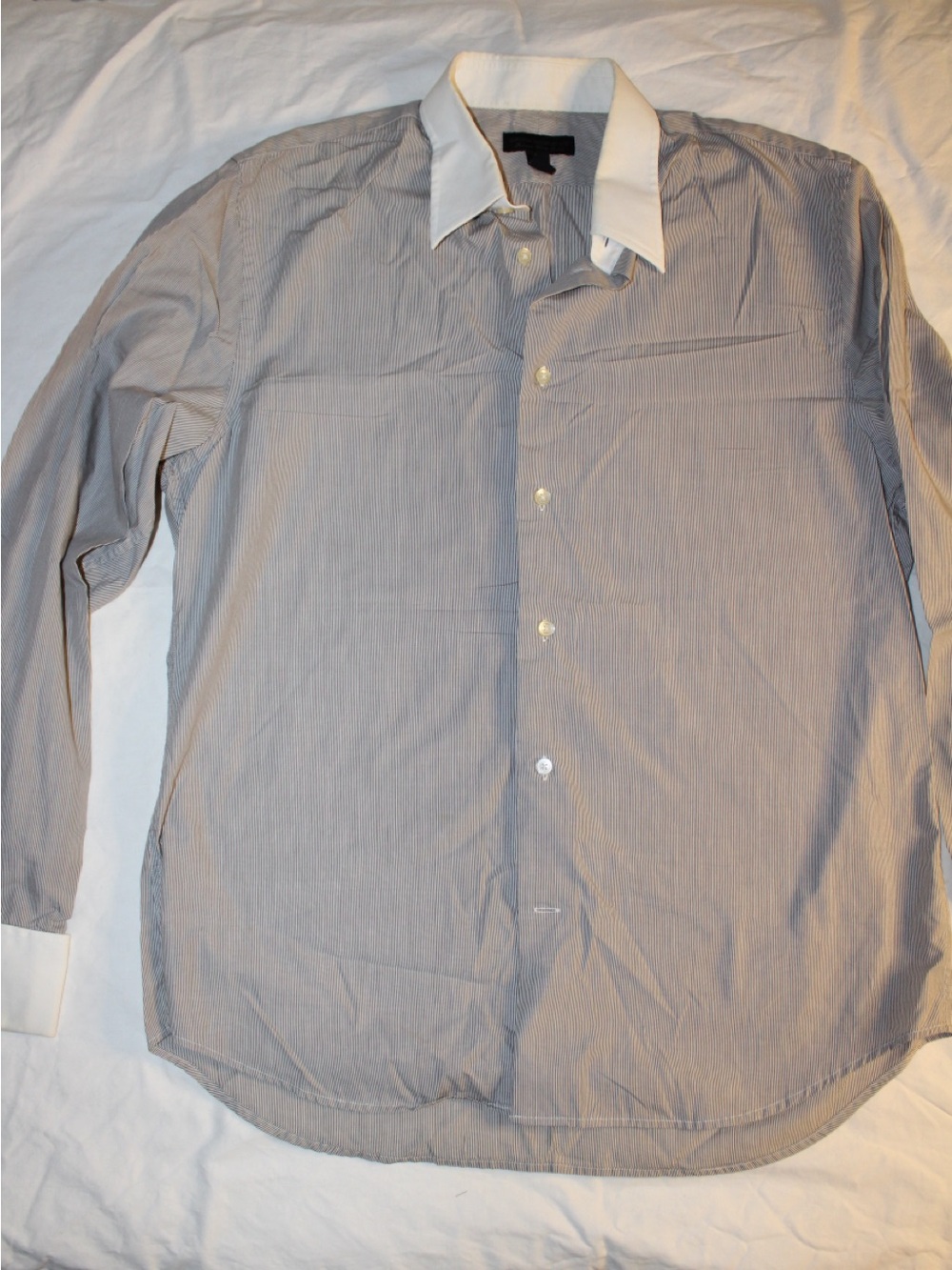Express Men's Light Gray Striped Dress Shirt with White Collar